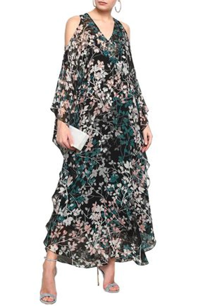 Roberto Cavalli Cold-shoulder Embellished Floral-print Silk-georgette Maxi Dress In Black