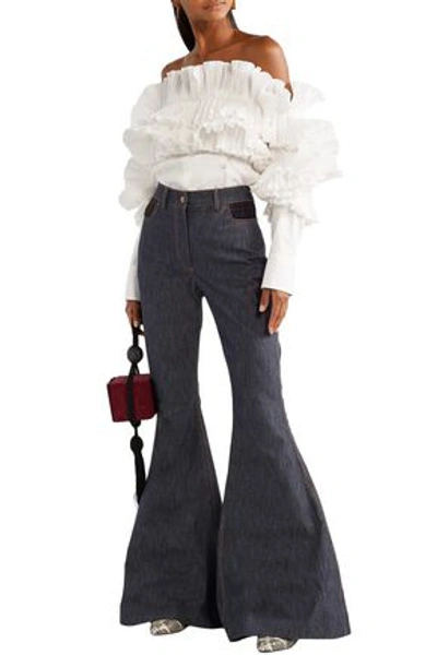 Rosie Assoulin Checked Tweed-paneled High-rise Flared Jeans In Mid Denim