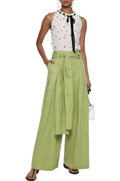 Rosie Assoulin Woman Tie-front Cotton And Ramie-blend Wide-leg Pants Sage Green
