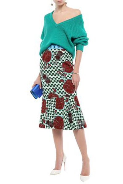 Stella Jean Woman Fluted Satin Jacquard-trimmed Printed Cotton-twill Midi Skirt Light Green