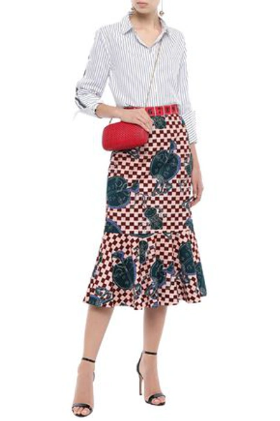 Stella Jean Woman Fluted Satin Jacquard-trimmed Printed Cotton-twill Midi Skirt Brick