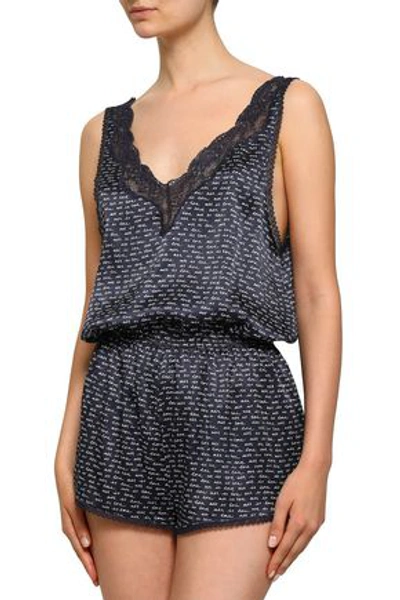 Stella Mccartney Woman Lace-trimmed Printed Stretch-silk Playsuit Navy