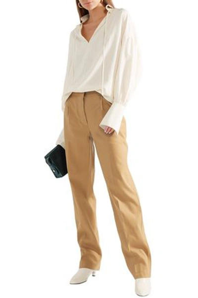 The Row Woman Thea Pleated Linen And Cotton-blend Straight-leg Trousers Camel