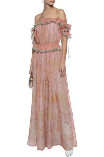 Valentino Woman Off-the-shoulder Ruffled Printed Silk-chiffon Gown Antique Rose