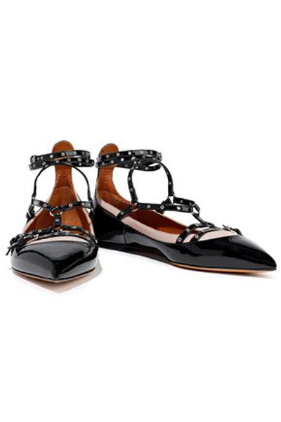 Valentino Garavani Woman Love Latch Eyelet-embellished Patent And Matte-leather Point-toe Flats Blac In Black