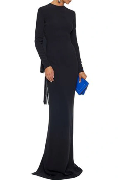 Stella Mccartney Woman Mesh-paneled Fringe-trimmed Crepe Gown Black