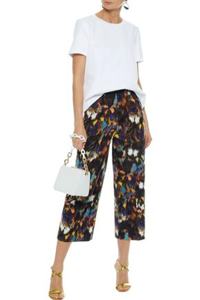 Valentino Woman Cropped Printed Cotton And Silk-blend Wide-leg Pants Black