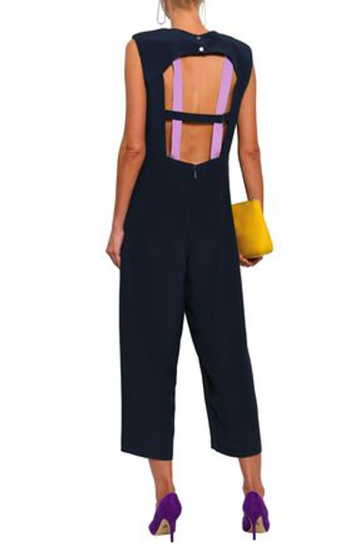 Tibi Cropped Cutout Silk-crepe Jumpsuit In Navy