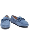 TOD'S BOW-EMBELLISHED LEATHER-TRIMMED SUEDE MOCCASINS,3074457345620723801