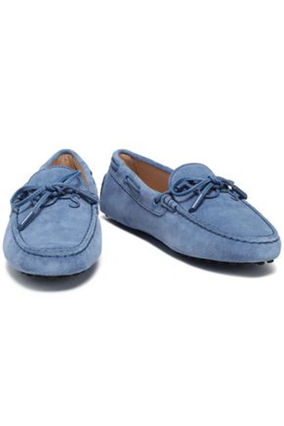 Tod's Bow-embellished Leather-trimmed Suede Moccasins In Light Blue
