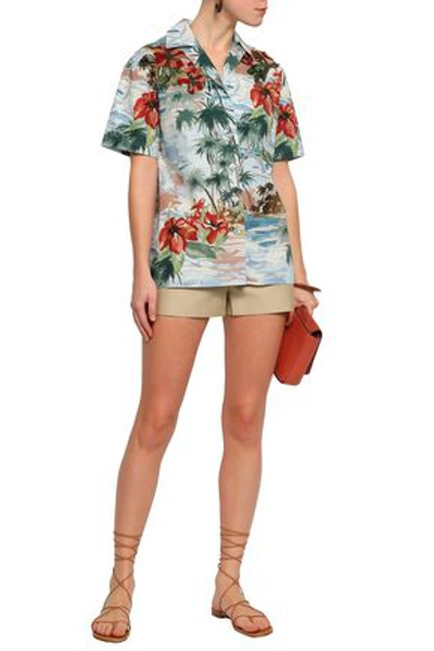 Valentino Woman Floral-appliquéd Printed Cotton-poplin Shirt Sky Blue