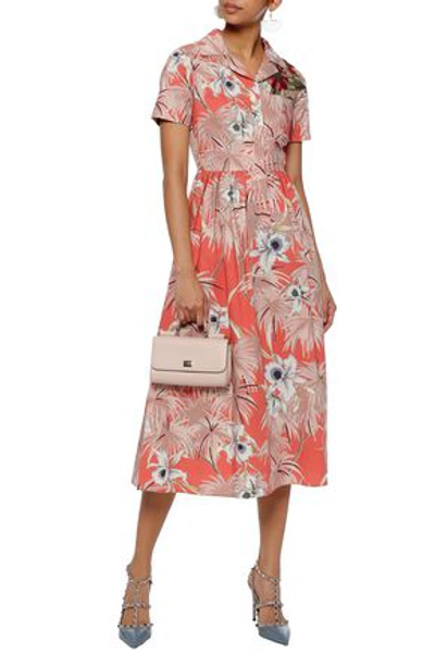 Valentino Woman Appliquéd Floral-print Cotton-poplin Midi Shirt Dress Papaya