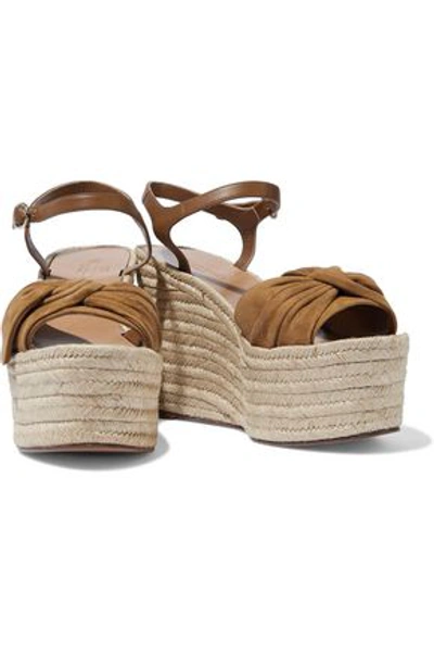 Valentino Garavani Woman Bow-embellished Leather And Suede Wedge Espadrille Sandals Camel