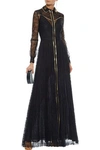 VALENTINO METALLIC LEATHER-TRIMMED SILK-LACE GOWN,3074457345620098670