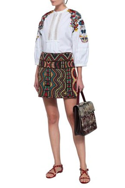 Valentino Woman Beaded Embroidered Mesh Mini Skirt Brown