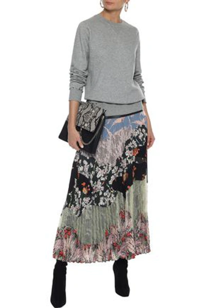 Valentino Woman Pleated Lace And Printed Silk Crepe De Chine Maxi Skirt Multicolor In Sky Blue