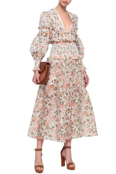 Zimmermann Shirred Floral-print Linen And Silk-blend Midi Skirt In Peach