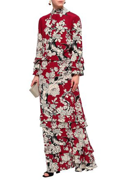 Valentino Woman Tiered Floral-print Silk Crepe De Chine Gown Claret