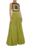 VALENTINO VALENTINO WOMAN OPEN-BACK LEATHER-TRIMMED PLEATED SILK CREPE DE CHINE GOWN SAGE GREEN,3074457345620004210