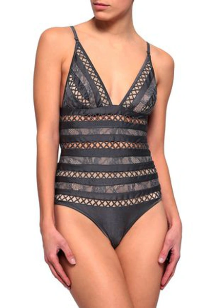 Zimmermann Woman Open-back Lattice And Lace-paneled Swimsuit Anthracite