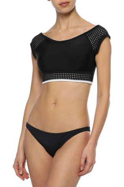 Duskii Waimea Bay Off-the-shoulder Perforated Neoprene Bikini Top In Black