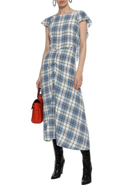 Paper London Woman Dutch Ruched Checked Silk Midi Dress Light Blue |  ModeSens