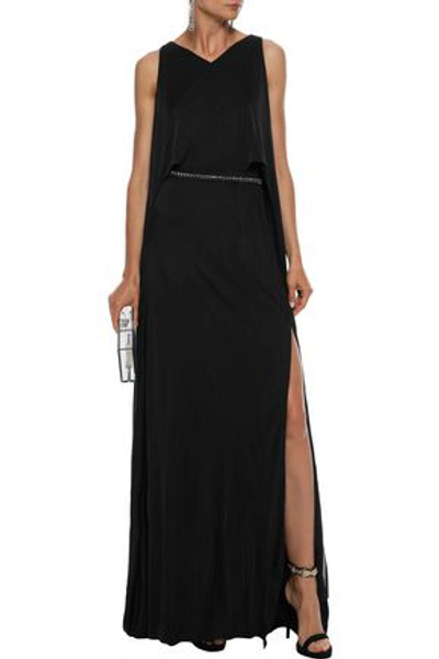 Versace Layered Crystal-embellished Satin-jersey Gown In Black