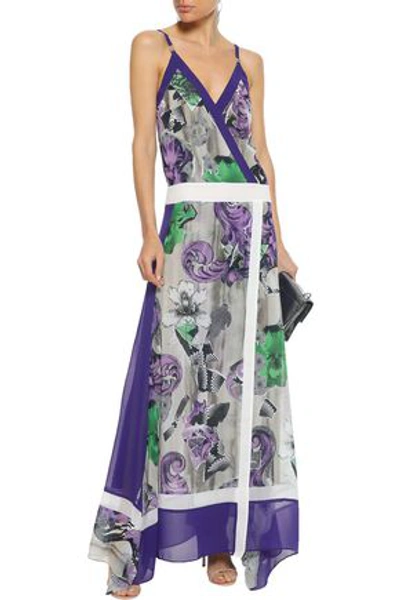 Versace Wrap-effect Printed Silk Gown In Purple