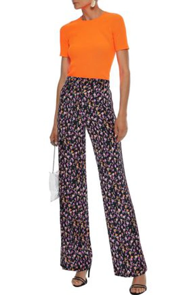 Versace Woman Satin-trimmed Floral-print Silk-crepe Wide-leg Pants Black