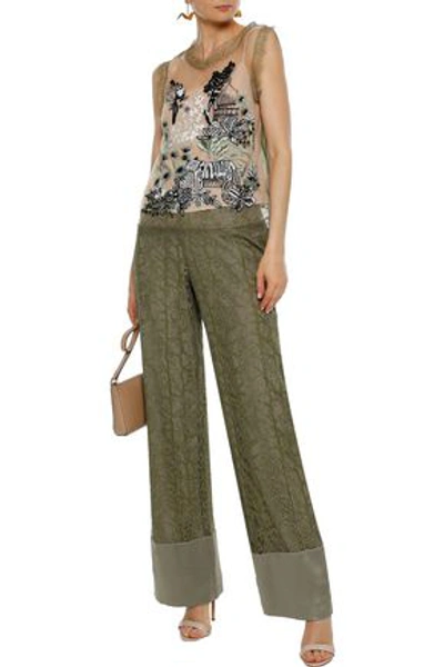 Alberta Ferretti Woman Silk-trimmed Metallic Lace Wide-leg Pants Sage Green