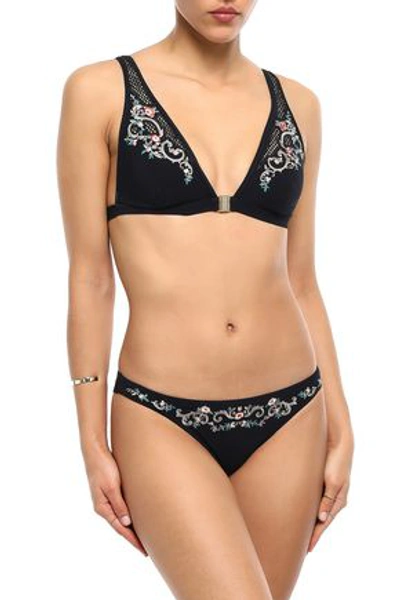 Jets By Jessika Allen Embroidered Mesh-paneled Triangle Bikini Top In Black