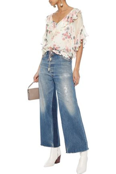 Love Sam Woman Ruffled Floral-print Georgette Blouse Off-white