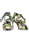 JIMMY CHOO JIMMY CHOO WOMAN KRIS KNOTTED PRINTED SATIN SANDALS MULTICOLOR,3074457345620023643
