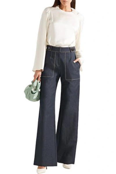 Carolina Herrera Woman Button-embellished High-rise Wide-leg Jeans Dark Denim