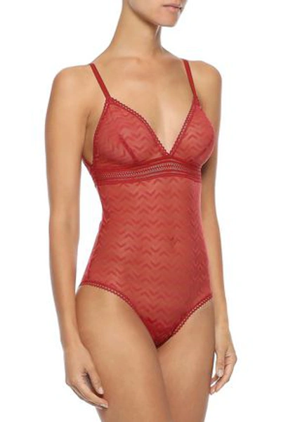 Else Woman Boomerang Lace-trimmed Stretch-mesh Bodysuit Red