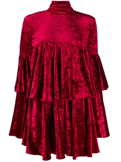 Sara Battaglia Bordeaux Ciniglia Mini Dress With Volants
