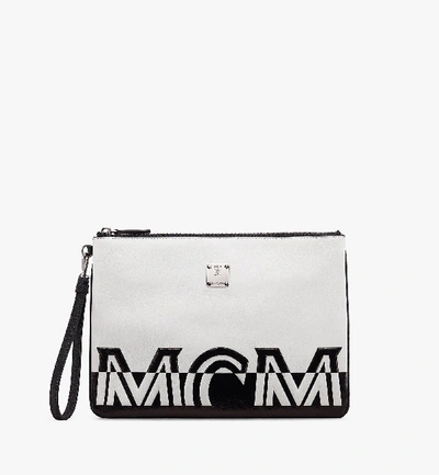 Mcm Wristlet Zip Pouch In Contrast Logo Leather In White