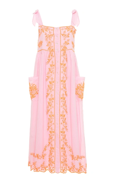 Juliet Dunn Embroidered Tie Shoulder Cotton Dress In Pink