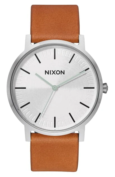 Nixon Porter Round Leather Strap Watch, 40mm In Tan/ Silver