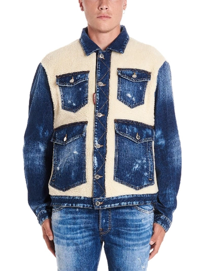 Dsquared2 Faux Shearling Panels Denim Jacket In Multicolor