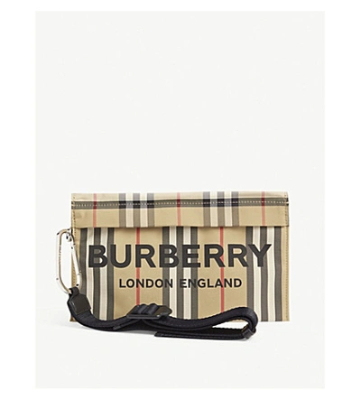 Burberry Check Print Nylon Pouch Bag In Archieve Beige