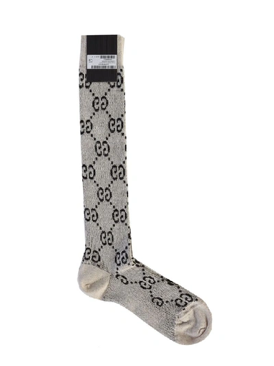 Gucci Black And Beige Gg Socks In Grey