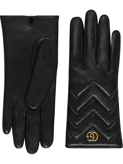 Gucci Gg Logo Cashmere Lined Quilted Leather Gloves In Black