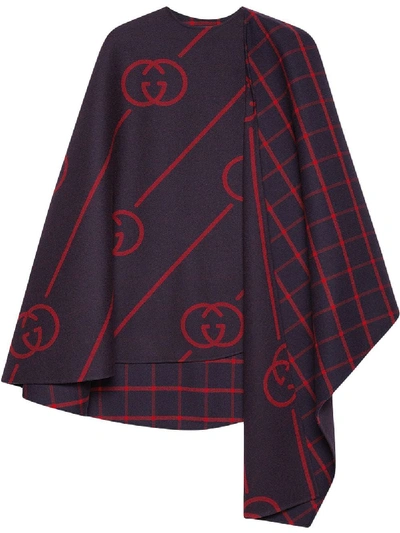 Gucci Gg Asymmetric Printed Wool Blend Cape In Blue,red