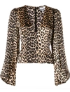 Ganni Leopard Print Silk Satin Blouse In Beige