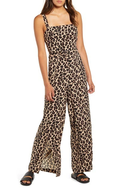 Band Of Gypsies Leopard Print Belted Wide Leg Jumpsuit