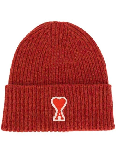 Ami Alexandre Mattiussi Ribbed Beanie Ami De Coeur Patch In Orange