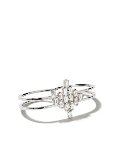 As29 18kt White Gold Baguette Diamond Rhombus Double Two-finger Ring In Silver