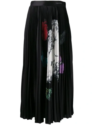 Valentino Kissing Butterfly Print Pleated Skirt In Black