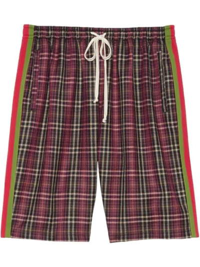 Gucci Oversize Tartan Cotton Shorts In Bordeaux
